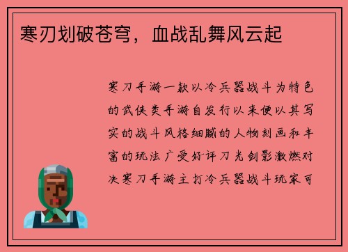寒刃划破苍穹，血战乱舞风云起