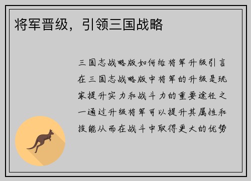 将军晋级，引领三国战略
