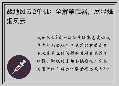 战地风云2单机：全解禁武器，尽显烽烟风云